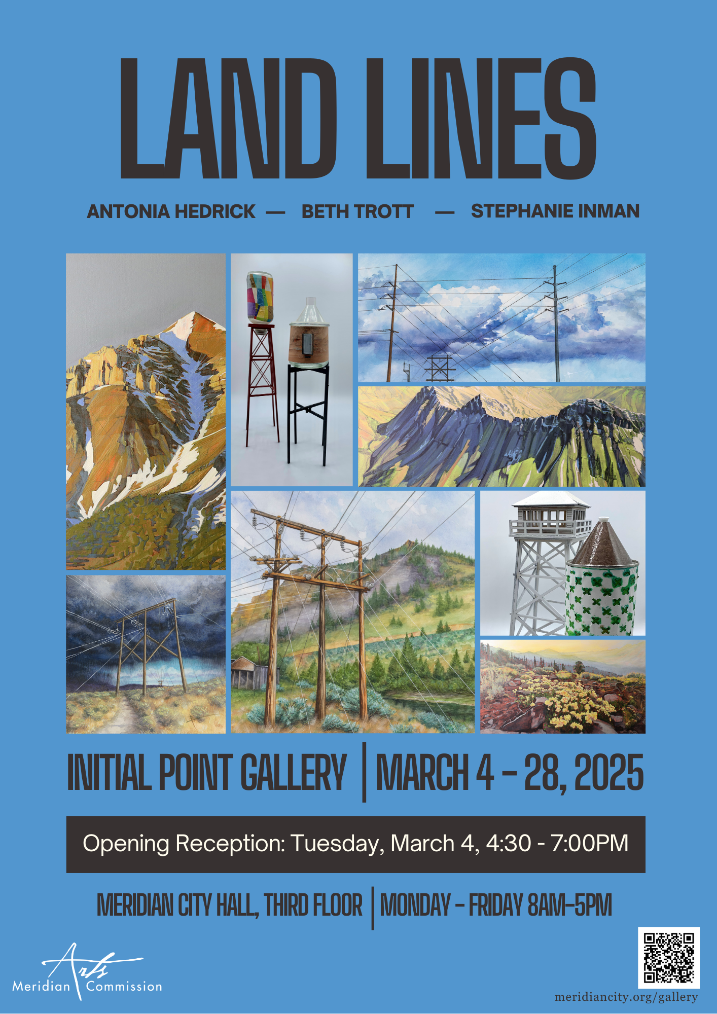 Land Lines poster featuring artwork from artists Beth Trott, Antonia Hedrick, and Stephanie Inman