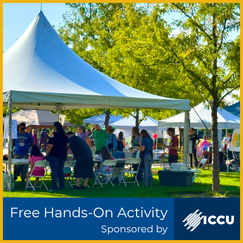 Festival tents with people making art. Text reads, "Free hands-on activity sponsored by ICCU."