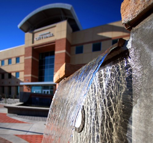 Decorative image of water flowing outside Meridian City Hall